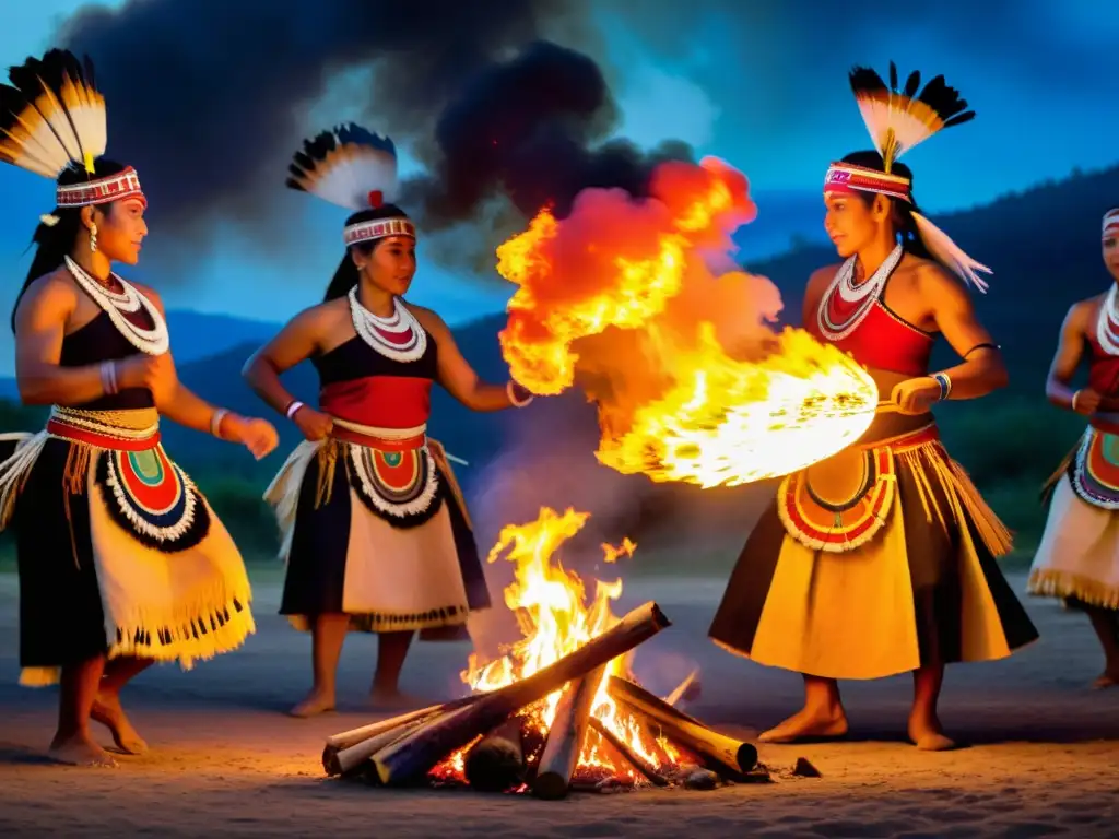 Danza sagrada de indígenas alrededor del fuego Danzas sagradas alrededor del mundo: Grupo de bailarines indígenas realiza ritual alrededor de fogata, envueltos en trajes tradicionales vibrantes