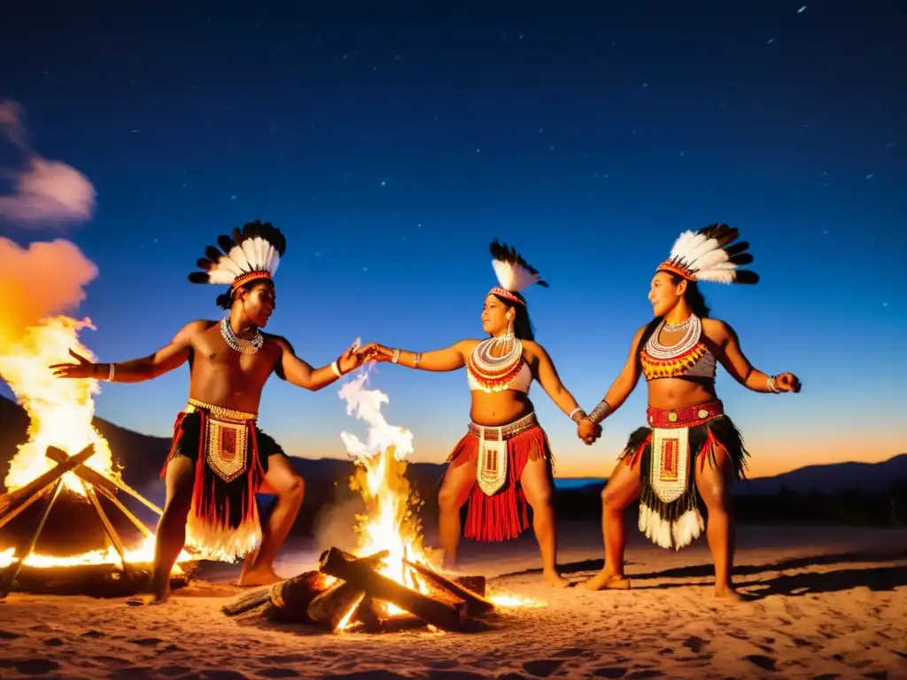 Danza sagrada de los indígenas alrededor del fuego Danzas sagradas alrededor del mundo: Grupo de bailarines indígenas ejecutando un ritual junto a una fogata bajo el cielo nocturno