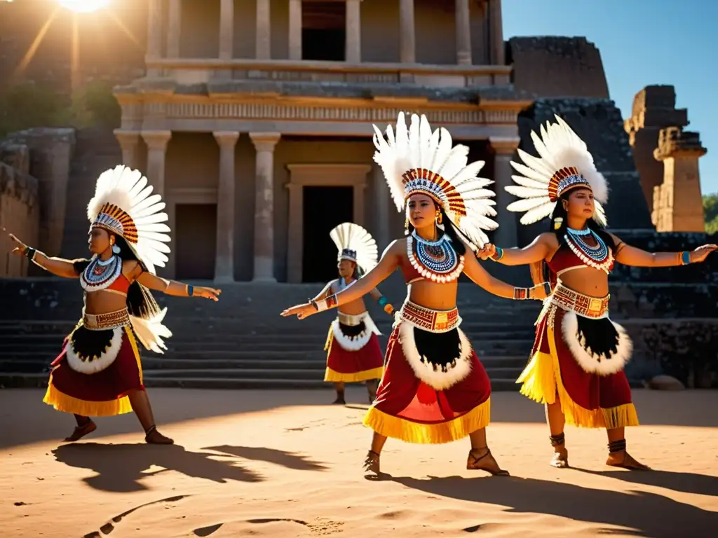 Danza sagrada de los indígenas en ruinas ancestrales Danzas sagradas alrededor del mundo: Grupo de bailarines indígenas danzando con gracia y significado en ruinas ancestrales bajo la cálida luz dorada