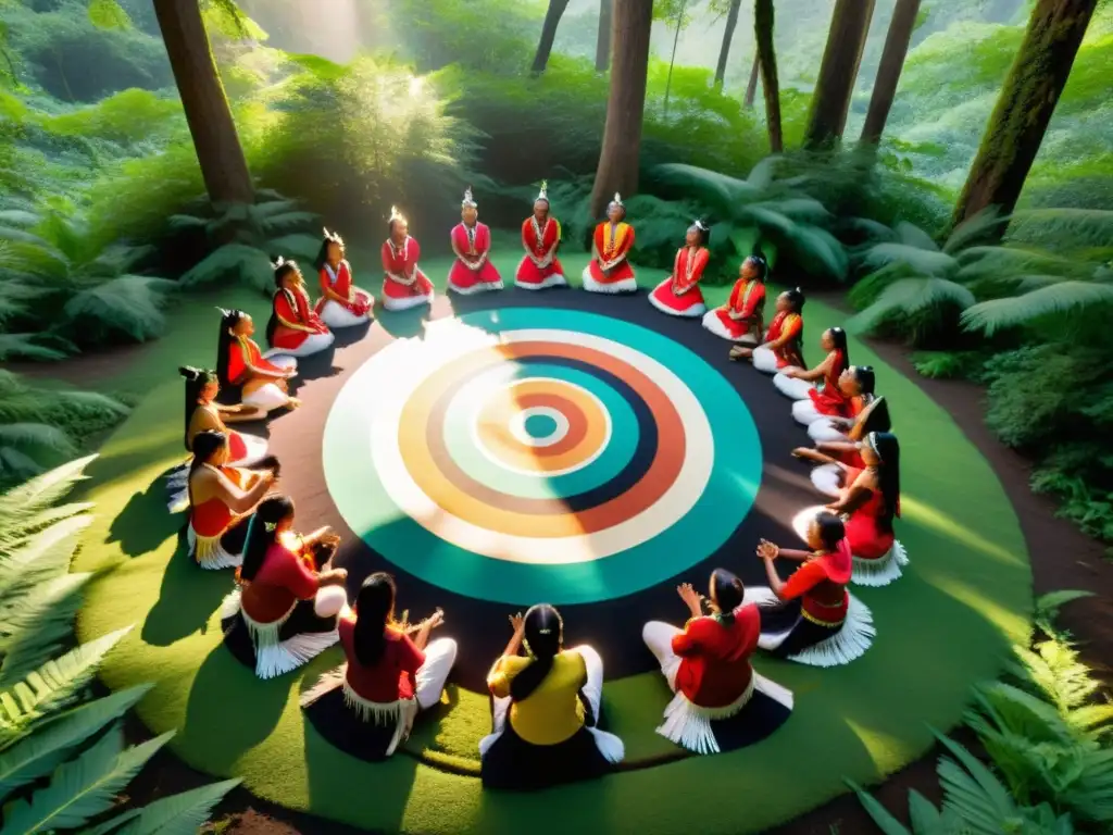 Danza sagrada de indígenas en la selva Danzas sagradas alrededor del mundo: grupo de bailarines indígenas en atuendos tradicionales realizando un ritual en un claro boscoso, con colores vibrantes y patrones intrincados