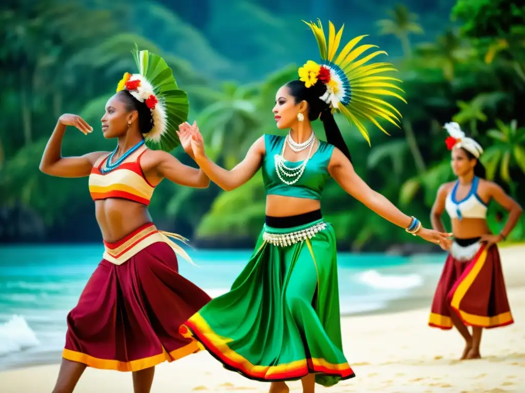 Danzas sagradas de Oceanía significado: baile tradicional en entorno tropical, trajes coloridos y movimientos dinámicos capturan la esencia cultural