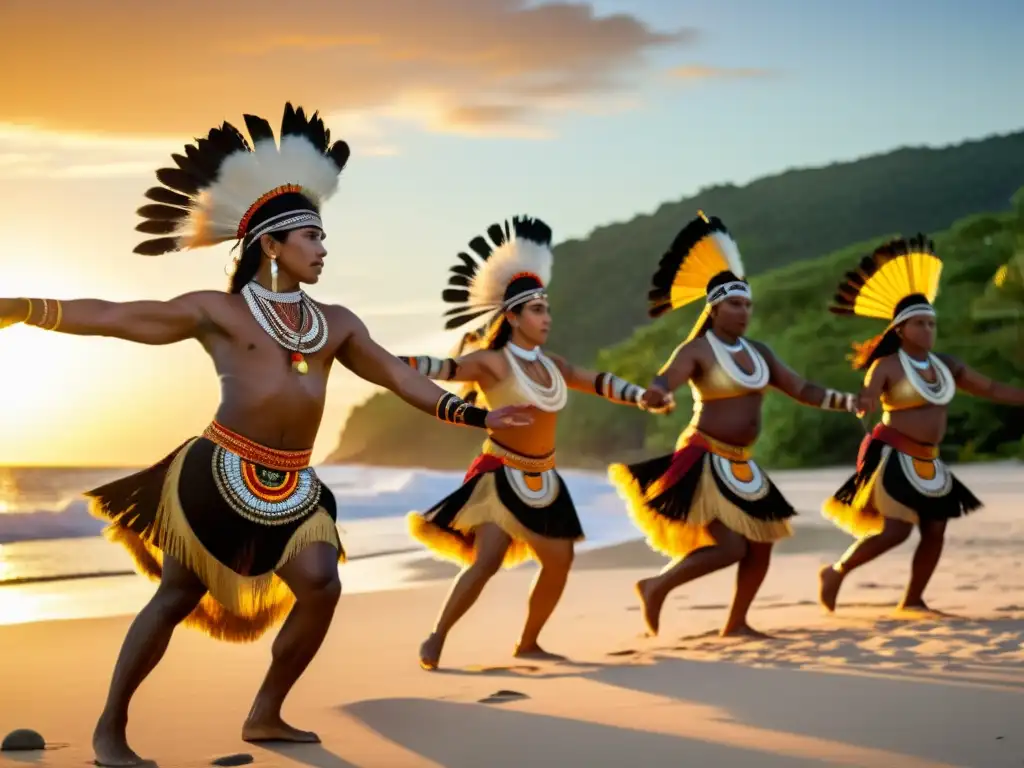 Danzas sagradas de Oceanía significado: Baile ritual de indígenas bailarines en una playa tropical al atardecer, expresando historias ancestrales con movimientos elegantes y trajes vibrantes