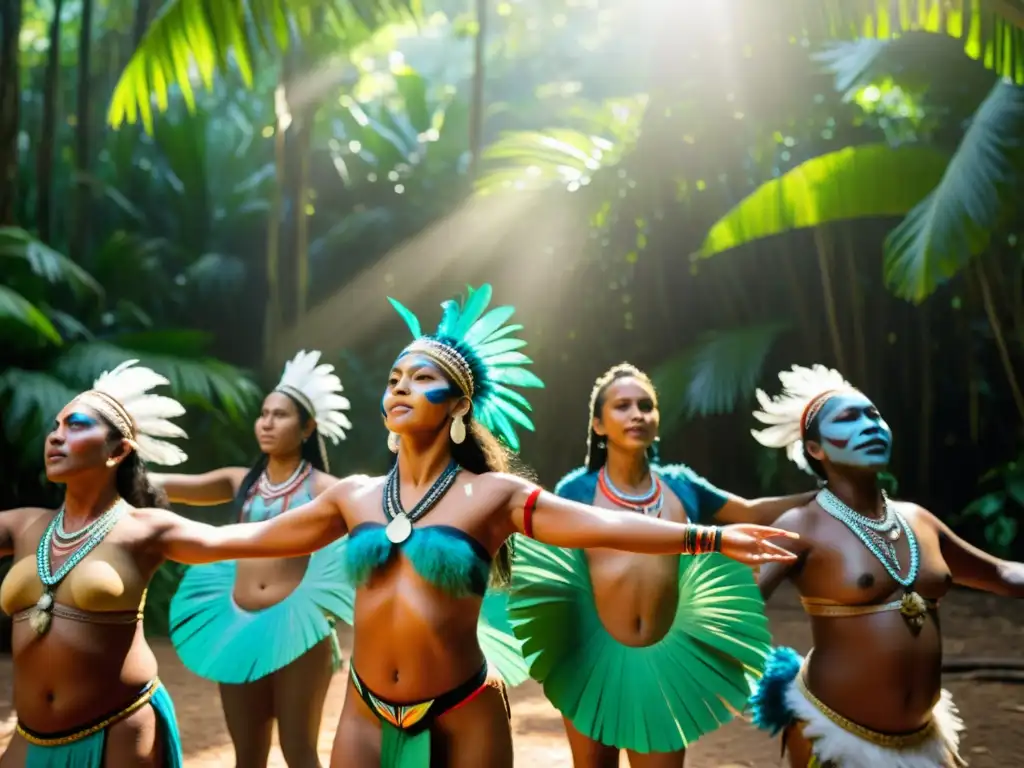 Danzas sagradas de Oceanía significado: Grupo de bailarines indígenas con plumas y pintura corporal, realizando una danza ritual en la selva tropical