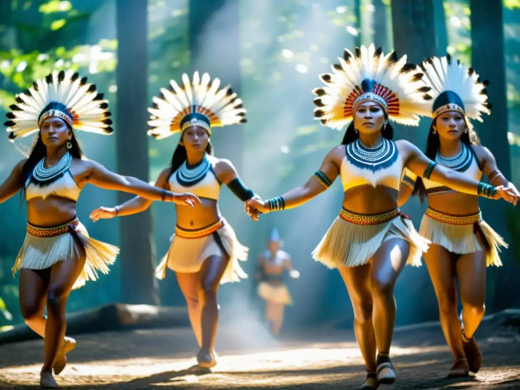 Danzas sagradas de Oceanía significado: Indígenas danzando en la selva con trajes ceremoniales, movimientos gráciles y pintura corporal brillante, evocando lo espiritual