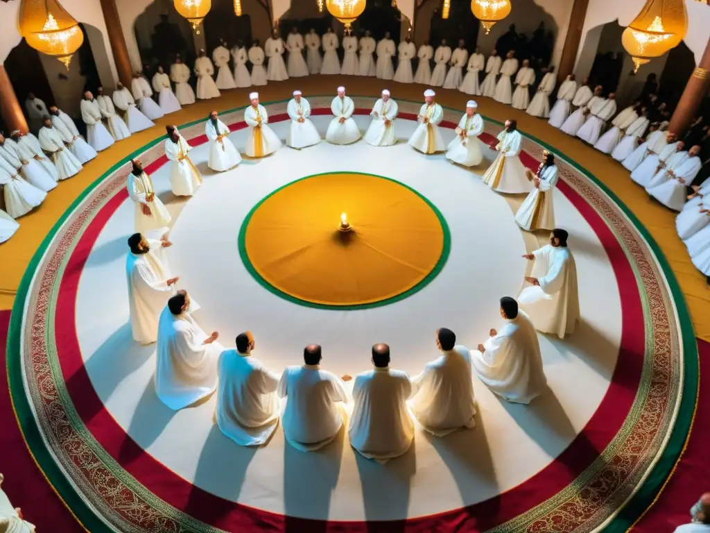 Danzas sufíes en Mawlid anNabí: Derviches girando en un círculo, iluminados por luz dorada en una celebración espiritual