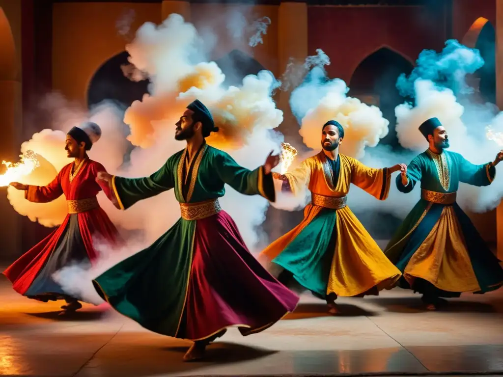 Danzas sufíes en Mawlid anNabí significado: Grupo de bailarines Sufi en túnicas vibrantes, girando entre humo de incienso y luz de velas