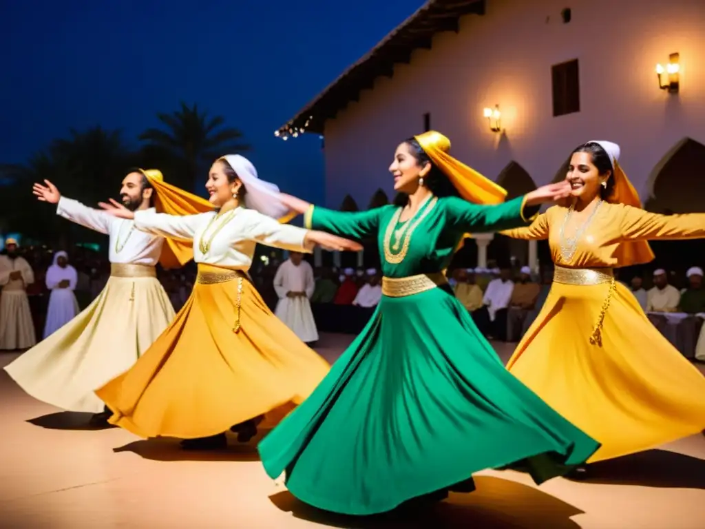 Danzas sufíes en Mawlid anNabí significado: Sufíes en trajes vibrantes giran en un trance espiritual, exudando energía mística