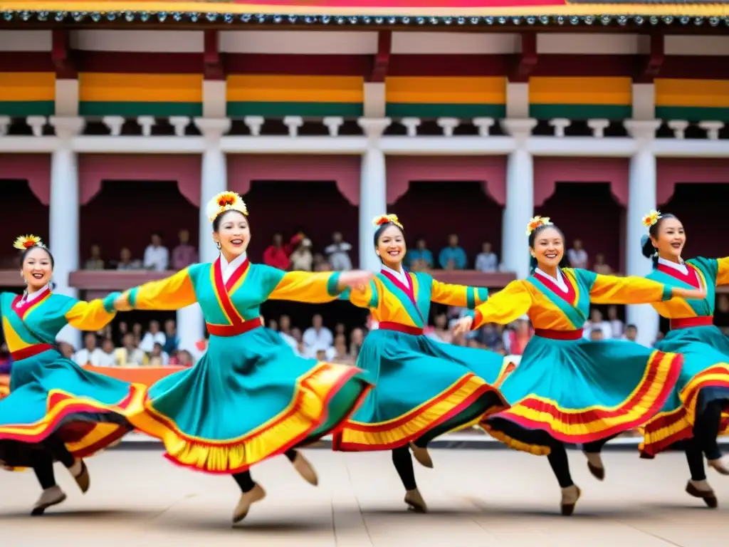 Aprender sincronía danzas típicas: Bailarines en trajes tradicionales ejecutan un salto sincronizado en un festival, con colores vibrantes y energía