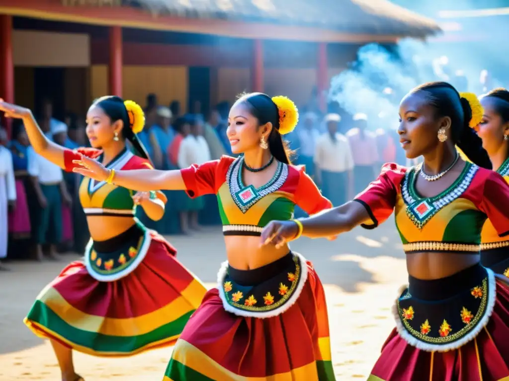 Aprender sincronía danzas típicas: Grupo de bailarines tradicionales en vibrantes trajes, ejecutando una coreografía precisa en un festival animado