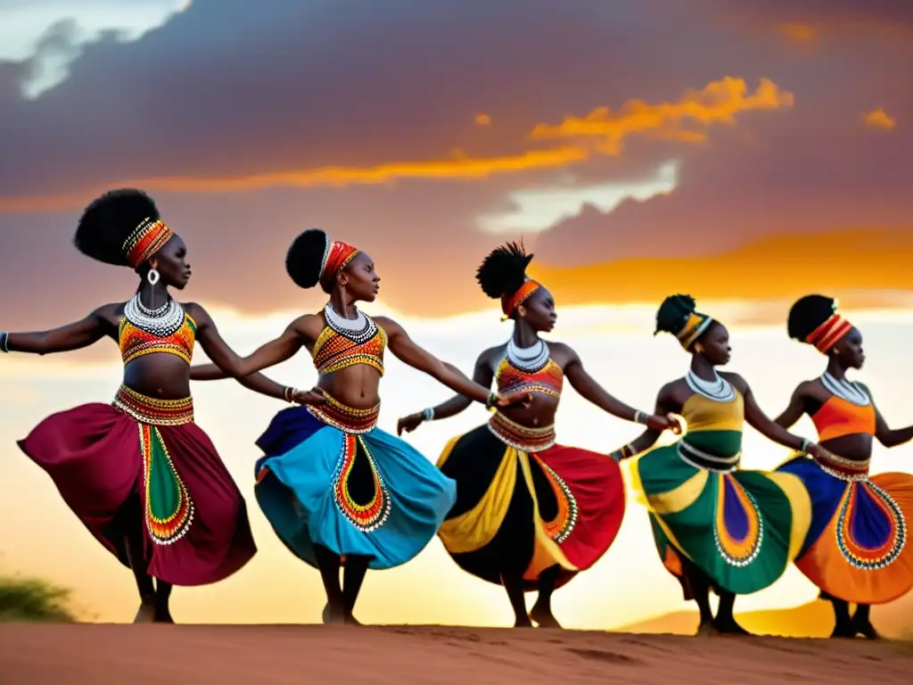 Danzas tradicionales africanas significado cultural: Grupo de bailarines africanos vistiendo trajes vibrantes, realizando una danza poderosa al atardecer