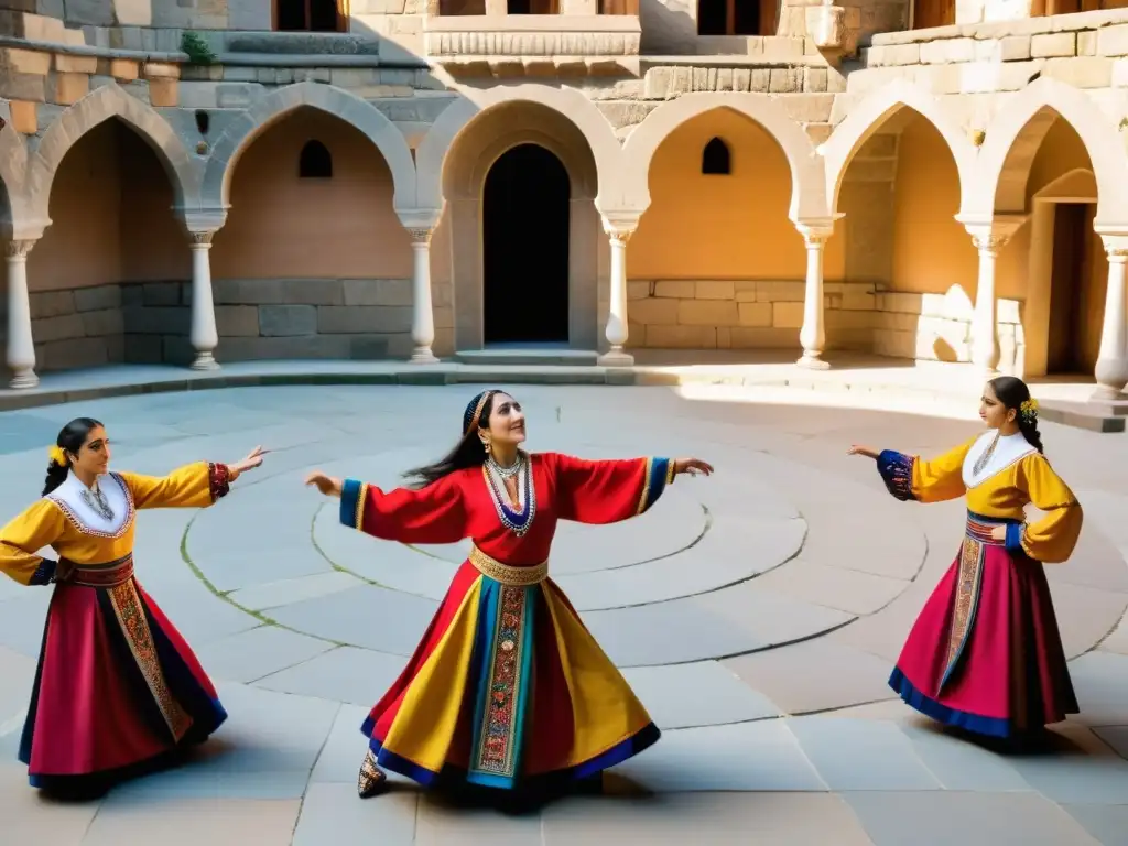 Danzas tradicionales armenias con duduk armenio en un patio soleado, expresando alegría y reverencia con trajes vibrantes y movimientos elegantes