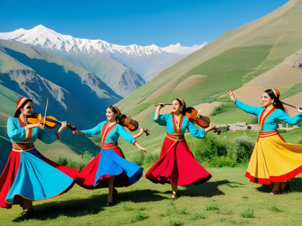 Danzas tradicionales armenias con duduk armenio, en un escenario de montañas verdes y cielo azul