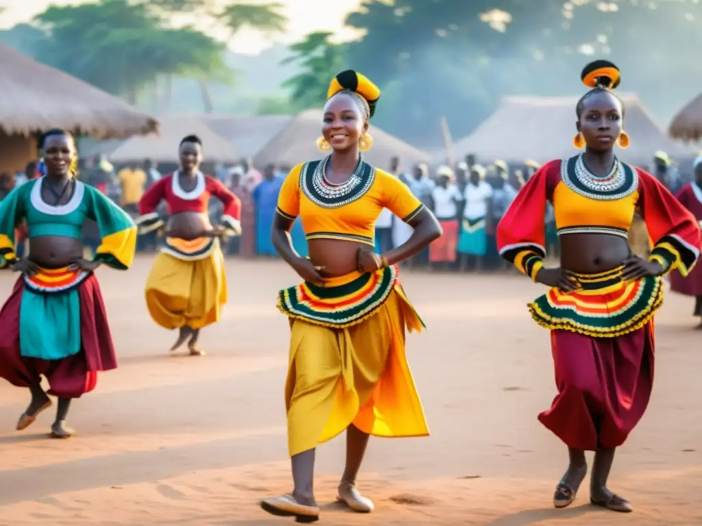 Danzas tradicionales Yankadi y Macru Guinea: grupo de bailarines guineanos en trajes vibrantes, danzas gráciles, al atardecer en la plaza del pueblo