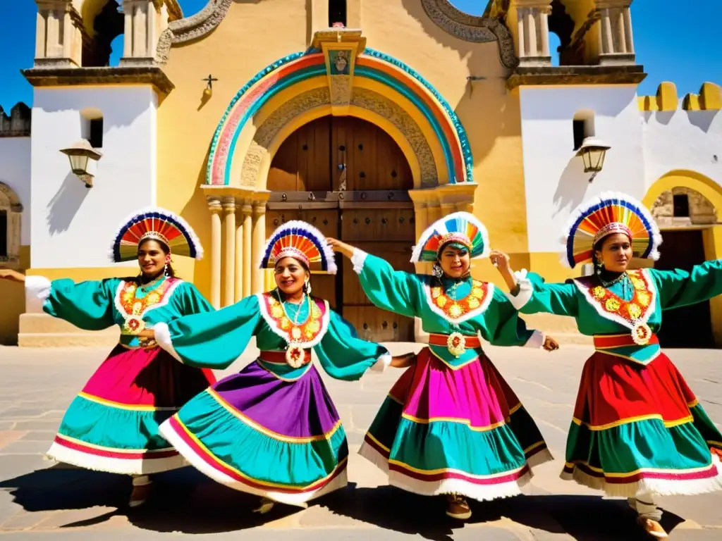 Danzas tradicionales de la Guelaguetza: Grupo de bailarines oaxaqueños con trajes coloridos, danzando frente a una iglesia histórica, capturando la esencia festiva y cultural de la Guelaguetza