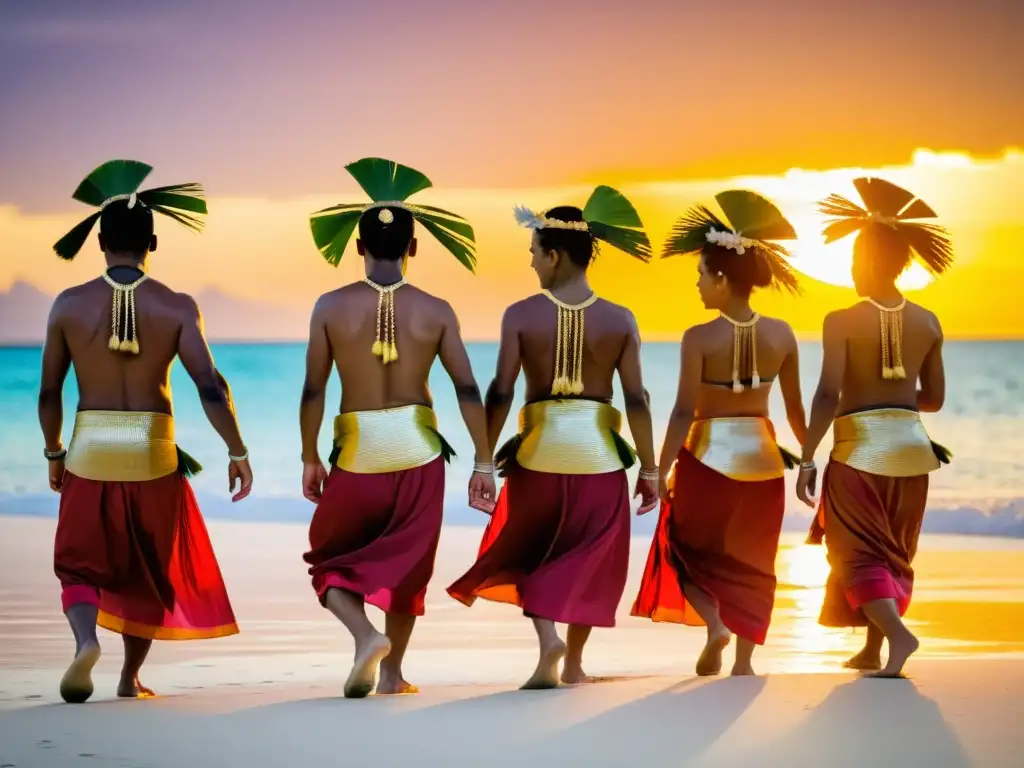 Danzas tradicionales de Kiribati: Grupo de bailarines en la playa al atardecer, con trajes coloridos y movimientos hipnóticos