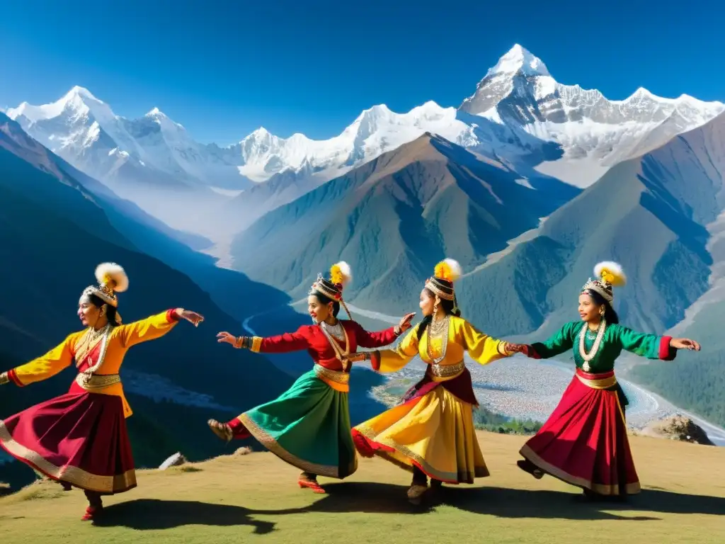 Danzas tradicionales del Himalaya: Grupo de bailarines ejecutando un ritual hipnótico frente a montañas nevadas al atardecer