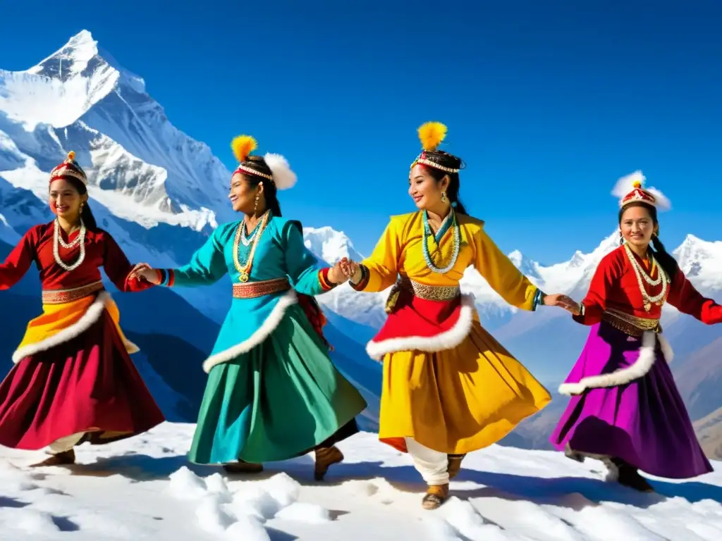 Danzas tradicionales del Himalaya: Grupo de bailarines con trajes vibrantes y detallados, realizando una danza hipnótica frente a las montañas nevadas