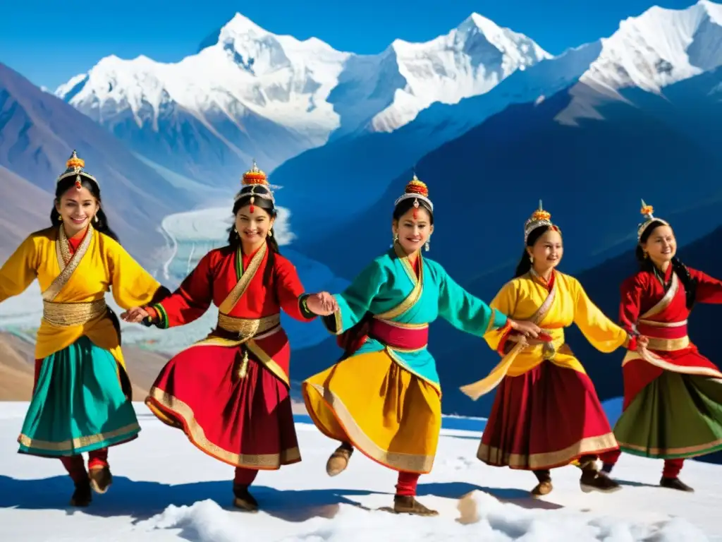 Danzas tradicionales del Himalaya: Bailarines en trajes vibrantes danzan graciosamente frente a las majestuosas montañas nevadas