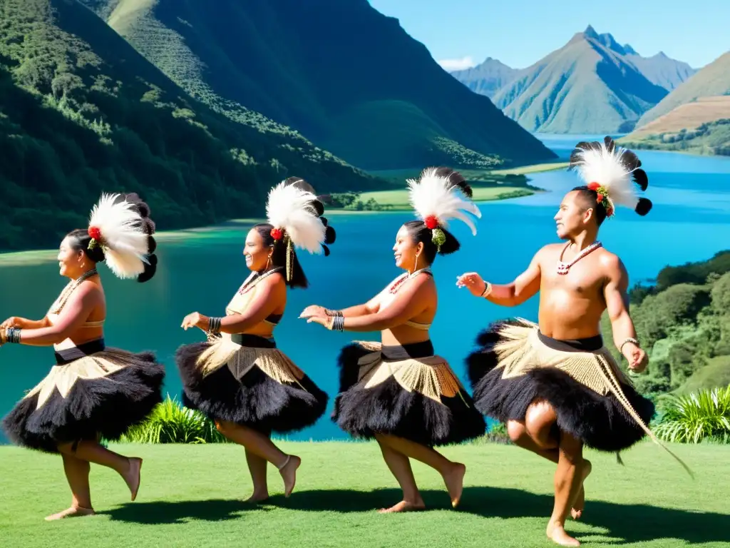 Danzas maoríes tradicionales: bailarines con trajes vibrantes realizan la danza del poi, rodeados de exuberante naturaleza de Nueva Zelanda