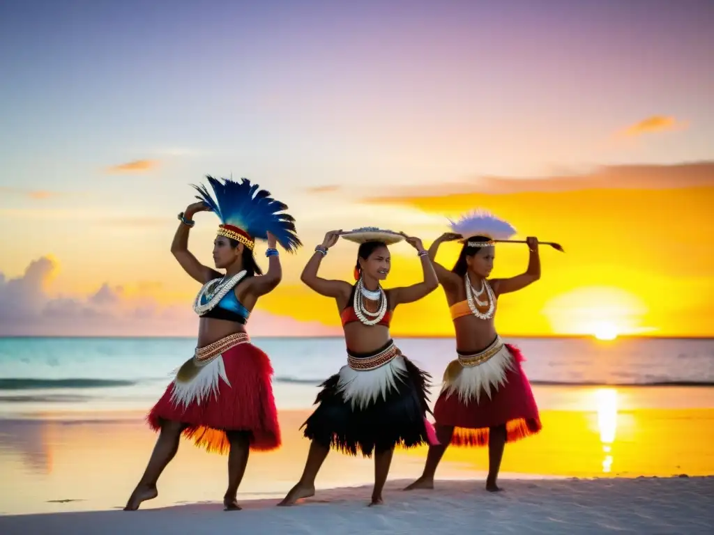 Danzas tradicionales de Kiribati: Grupo de bailarines con trajes coloridos en la playa al atardecer, transmitiendo energía y tradición