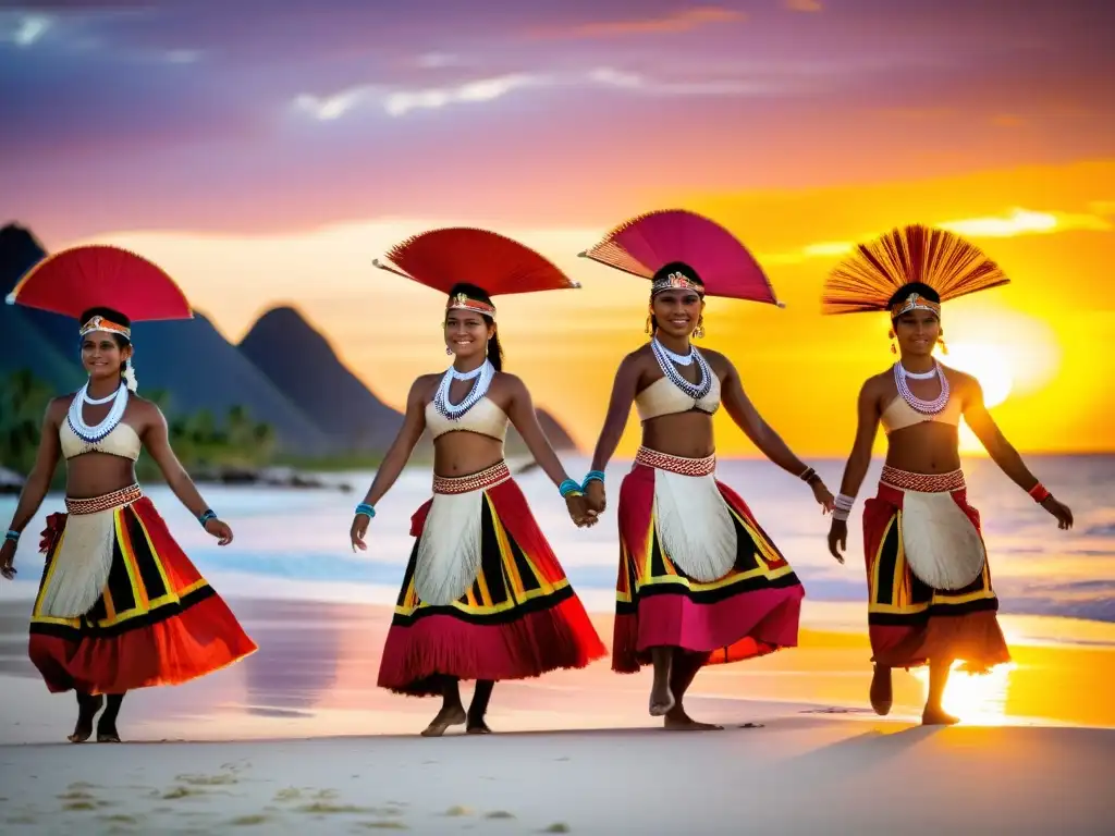 Danzas tradicionales de Kiribati: Grupo de bailarines con trajes vibrantes, danzando al atardecer en la playa