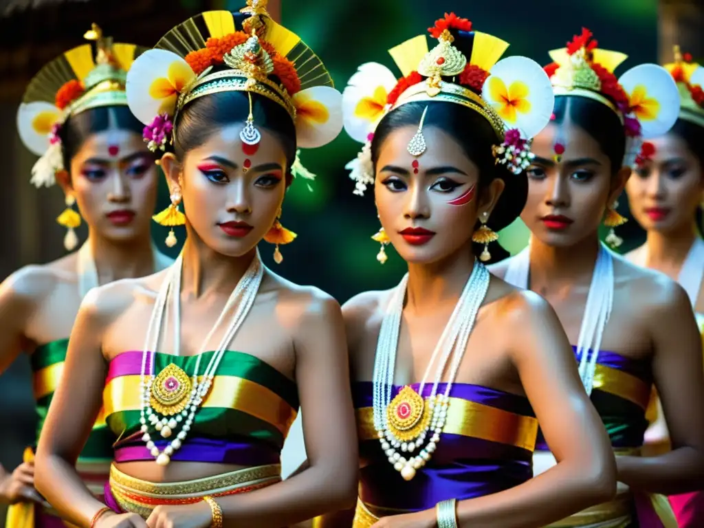 Danzas tradicionales de Bali: Grupo de bailarines con trajes vibrantes ejecutando un ritual sagrado en un entorno ceremonial