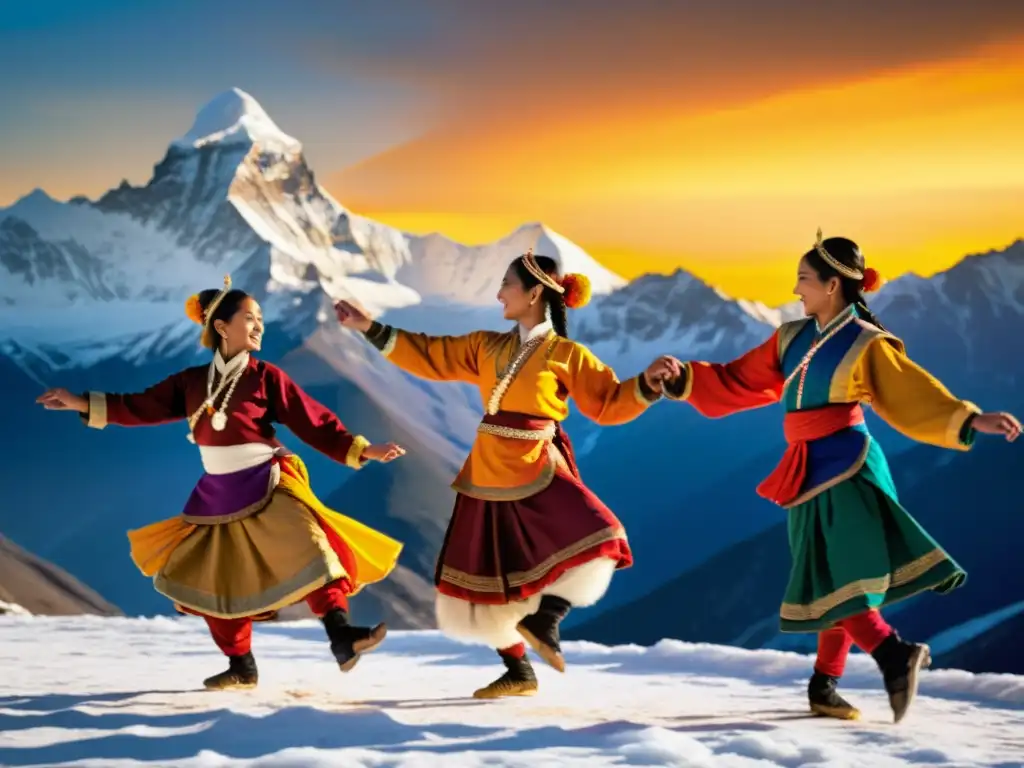 Danzas tradicionales del Himalaya: Grupo de bailarines con trajes coloridos realizando una danza vibrante frente a las montañas nevadas al atardecer