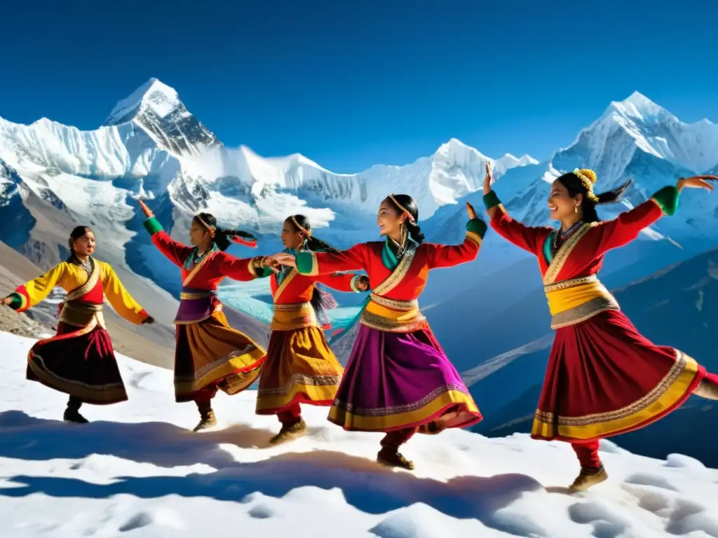 Danzas tradicionales del Himalaya: Grupo de bailarines en trajes vibrantes, bailando con gracia y fuerza frente a las montañas nevadas