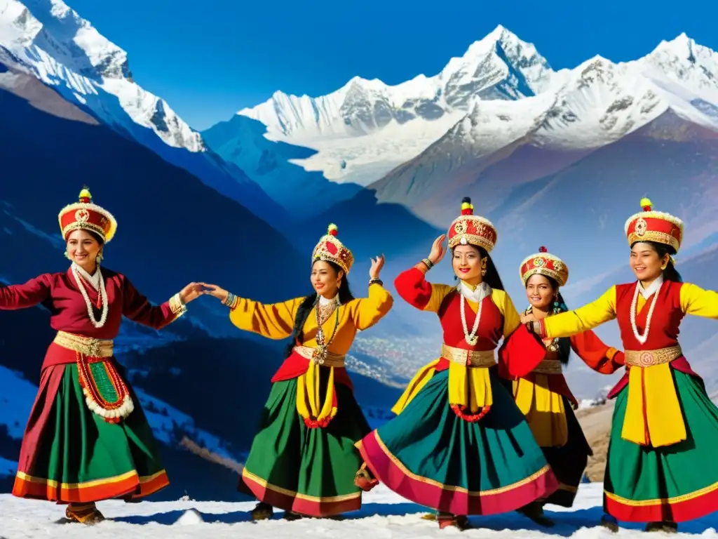 Danzas tradicionales del Himalaya: Bailarines con trajes vibrantes realizan un ritual sagrado en la nieve, expresando devoción y herencia cultural