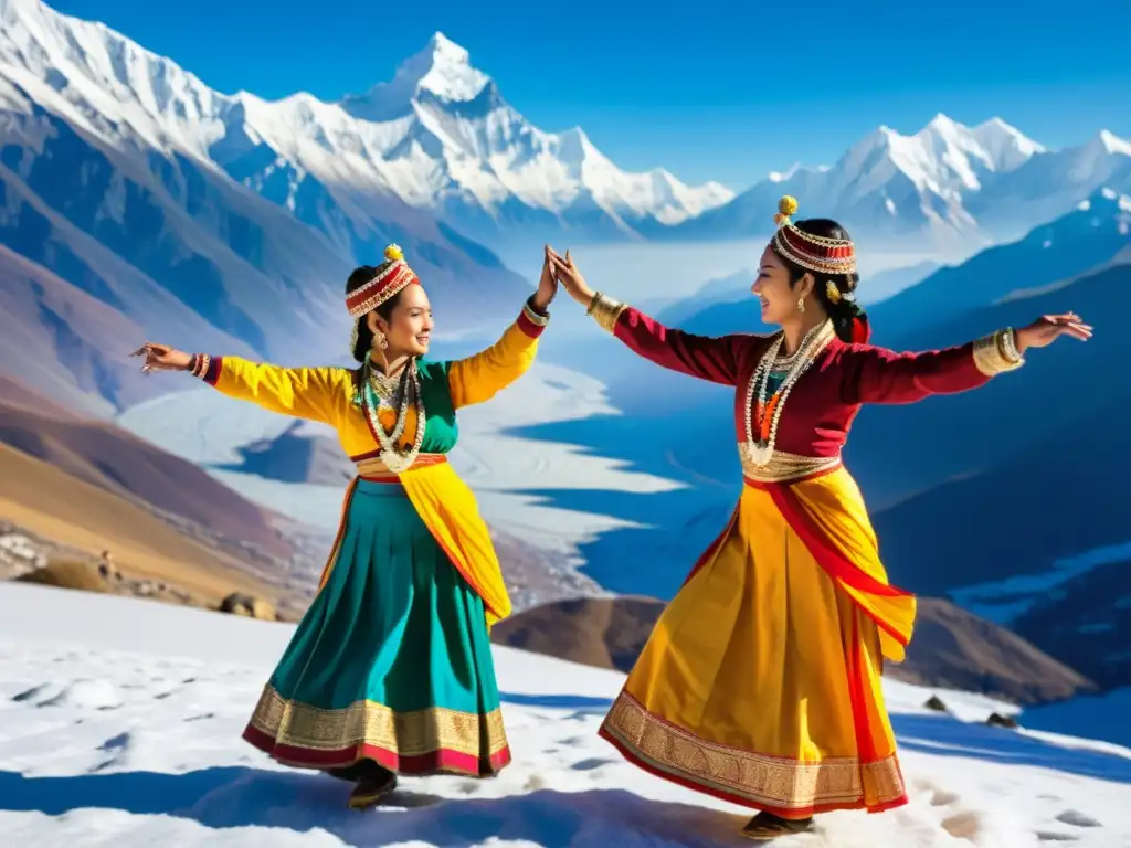 Danzas tradicionales del Himalaya: Bailarines en vibrante danza cultural frente a majestuosas montañas nevadas