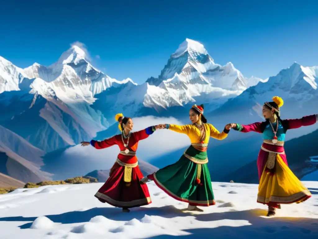 Danzas tradicionales del Himalaya: Bailarines en vibrantes trajes ejecutan una rutina hipnótica frente a las montañas nevadas