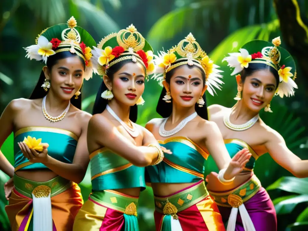 Danzas tradicionales de Bali: Grupo de bailarines en vibrantes trajes tradicionales, moviéndose graciosamente en la selva tropical