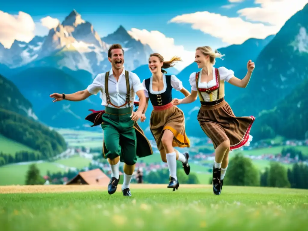 Danzas tradicionales bávaras significado cultural: Grupo de bailarines en lederhosen y dirndls, realizando una animada danza en los Alpes bávaros