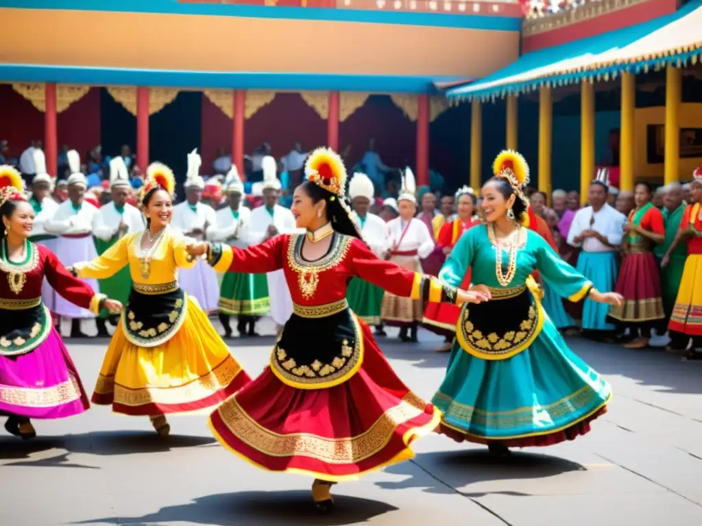 Danzas tradicionales en un bullicioso mercado con colores vibrantes y comida tradicional, en medio de una celebración alegre