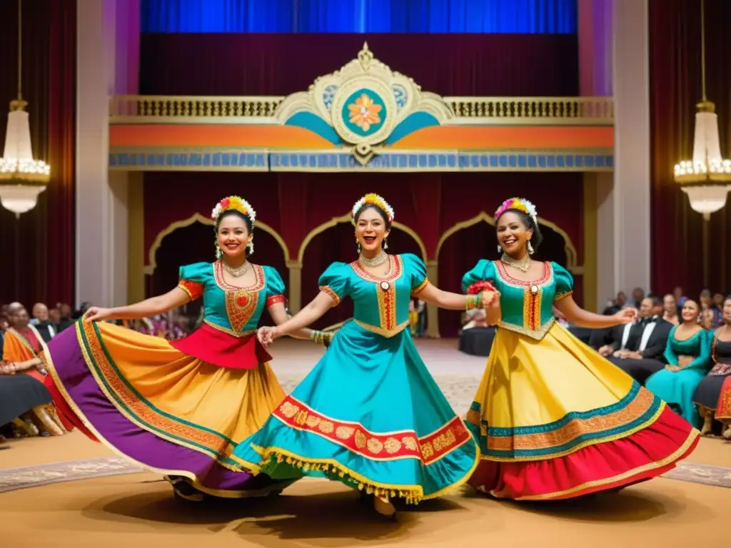 Danzas tradicionales en cenas de gala: Grupo folclórico bailando en trajes vibrantes en un majestuoso salón, cautivando a la audiencia