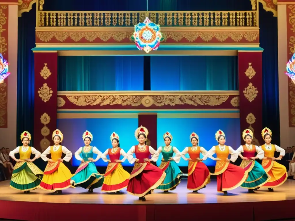 Danzas tradicionales en cenas de gala: El escenario brilla con colores vibrantes y movimientos fluidos, mientras el público observa con admiración