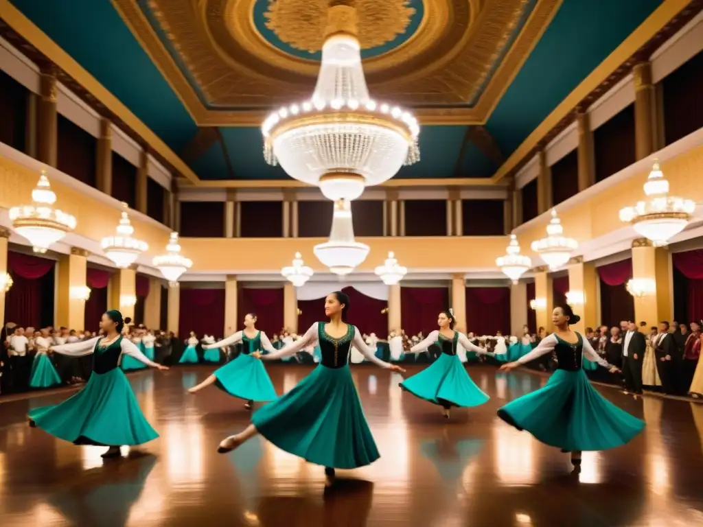 Danzas tradicionales en cenas de gala: Elegantes bailarines ejecutan una cautivadora danza en trajes tradicionales en un lujoso salón de baile