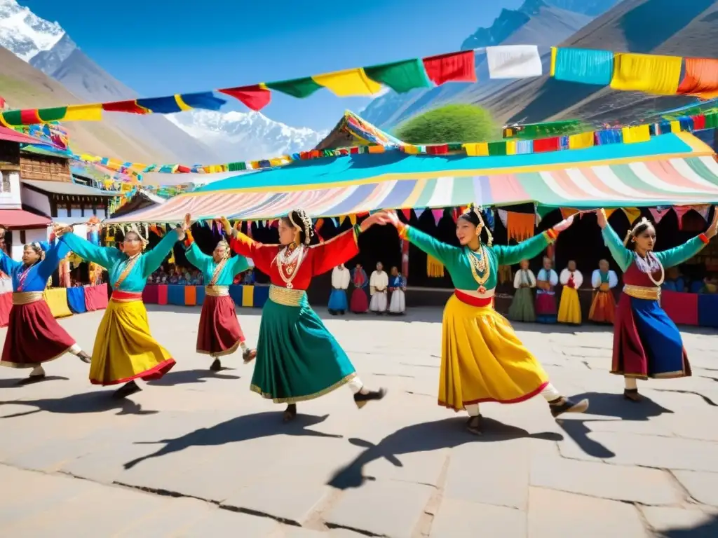 Danzas tradicionales del Himalaya: Colorida danza ritual en la plaza del pueblo, con montañas nevadas de fondo