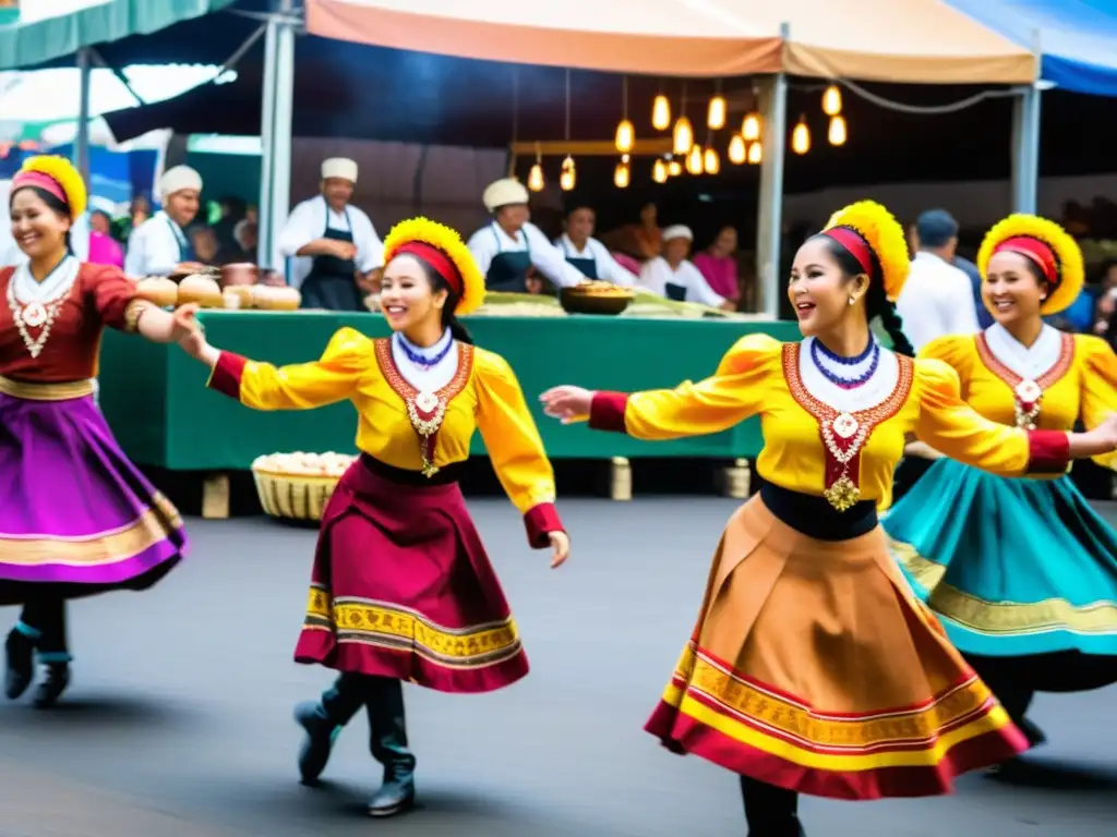 Danzas tradicionales y comida tradicional se fusionan en un vibrante evento cultural en un bullicioso mercado callejero