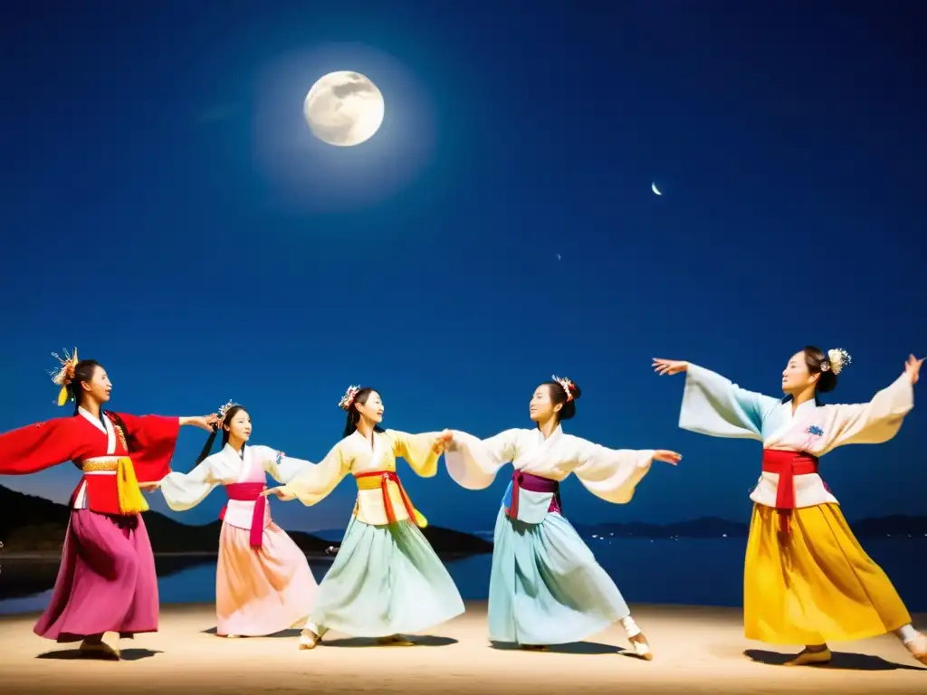 Danzas tradicionales coreanas en festivales: Gráciles bailarines en hanboks vibrantes bajo la luna, capturando la esencia mágica de la danza coreana