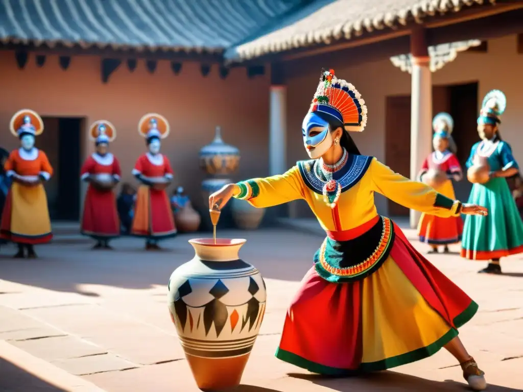 Danzas tradicionales y creación de cerámica se entrelazan en un vibrante espectáculo de arte y cultura en un patio soleado