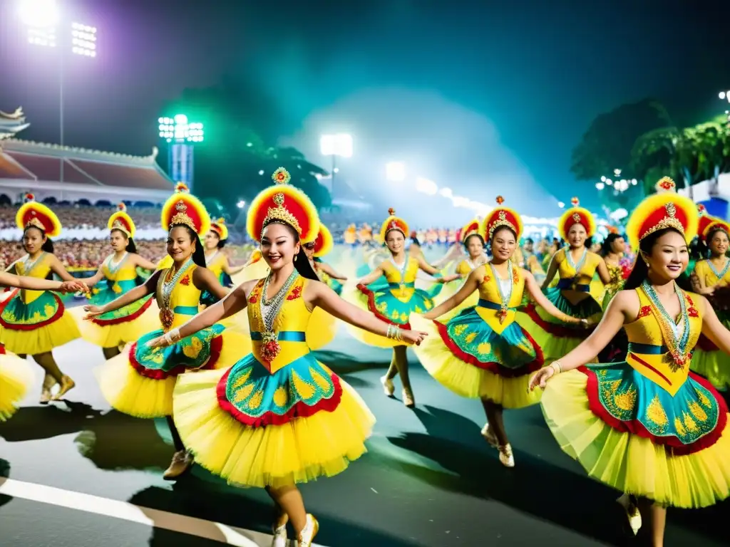 Danzas tradicionales en Singapur: Desfile Chingay vibrante con bailes y trajes coloridos, expresando diversidad cultural y energía festiva