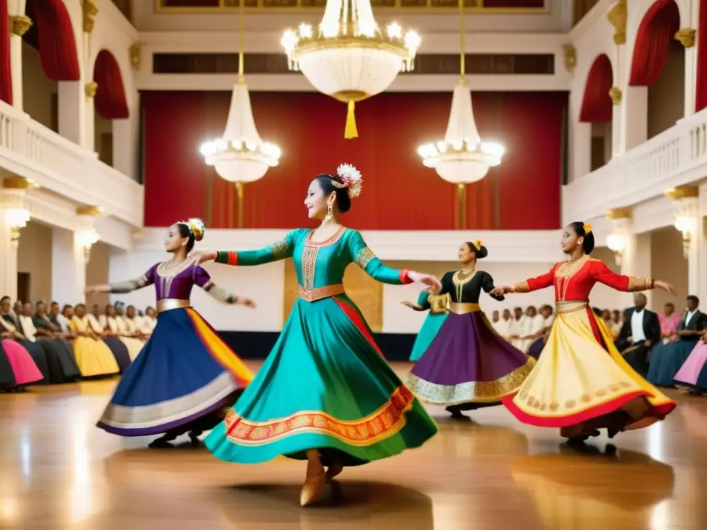 Danzas tradicionales promueven la diplomacia en una majestuosa sala de baile, con bailarines expresando la riqueza cultural con pasión y gracia