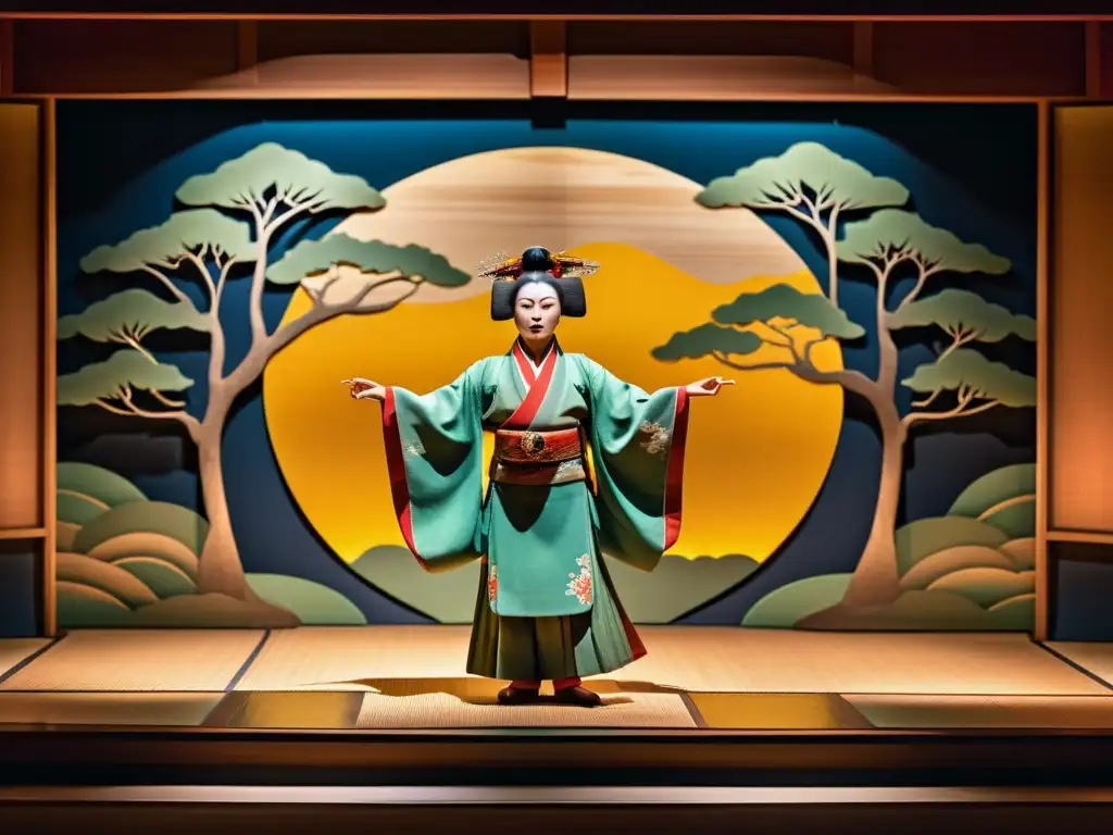 Danzas tradicionales en Japón: Escenario de Noh con actor ejecutando una danza elegante ante una audiencia serena