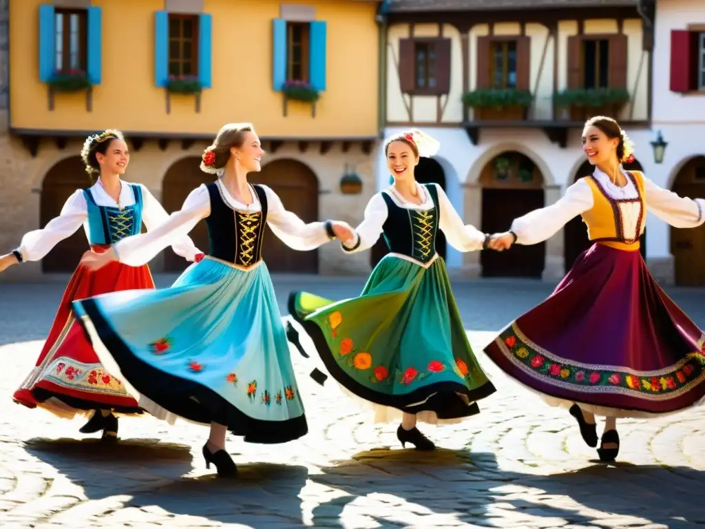 Reinvención de danzas tradicionales europeas: Grupo de bailarines en trajes folclóricos girando en una animada danza en una plaza soleada