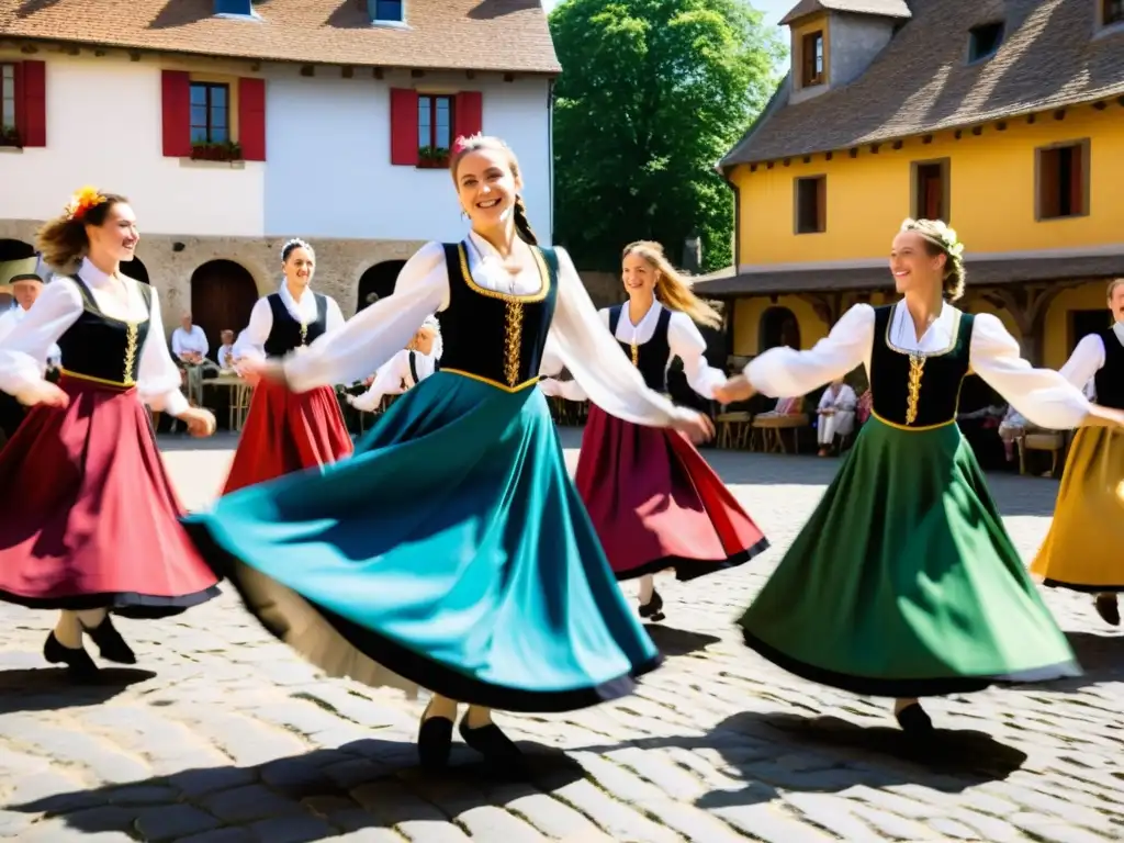 Reinvención de danzas tradicionales europeas en una plaza soleada, con bailarines y espectadores disfrutando de la música y los trajes coloridos