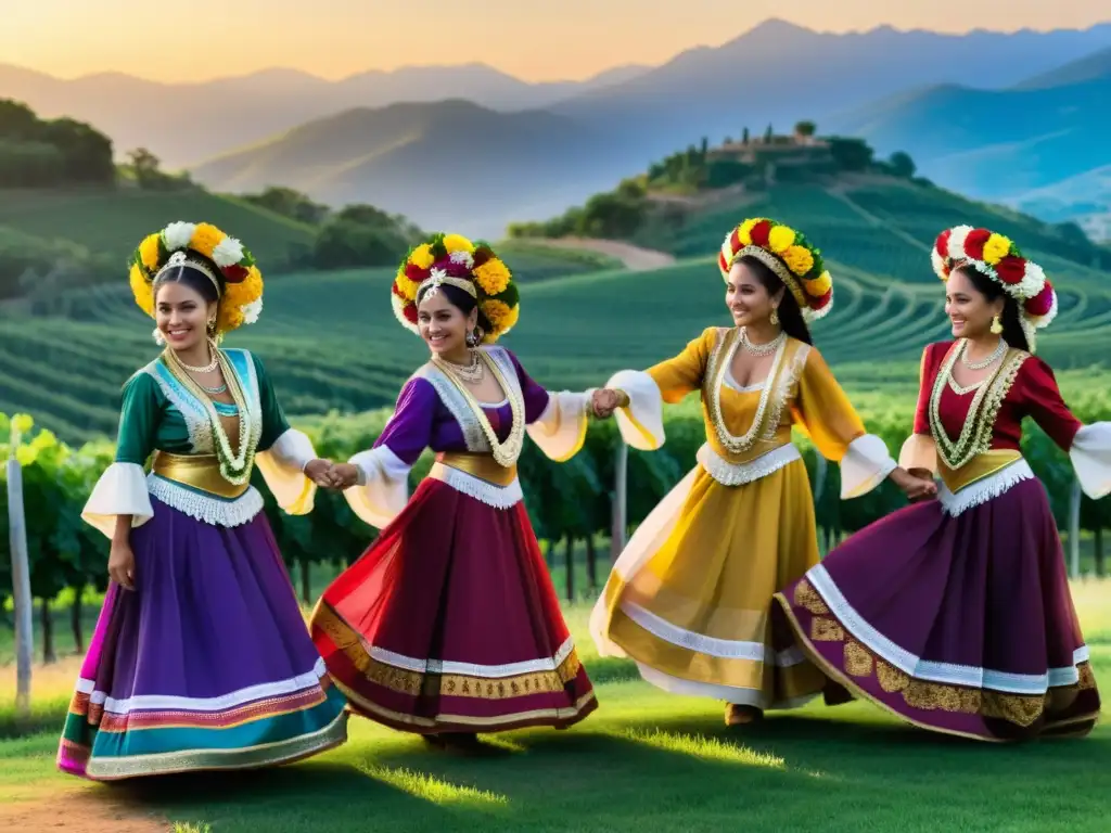 Danzas tradicionales del Festival de Mendoza: Grupo de bailarines con coloridos trajes, moviéndose graciosamente en viñedos al atardecer