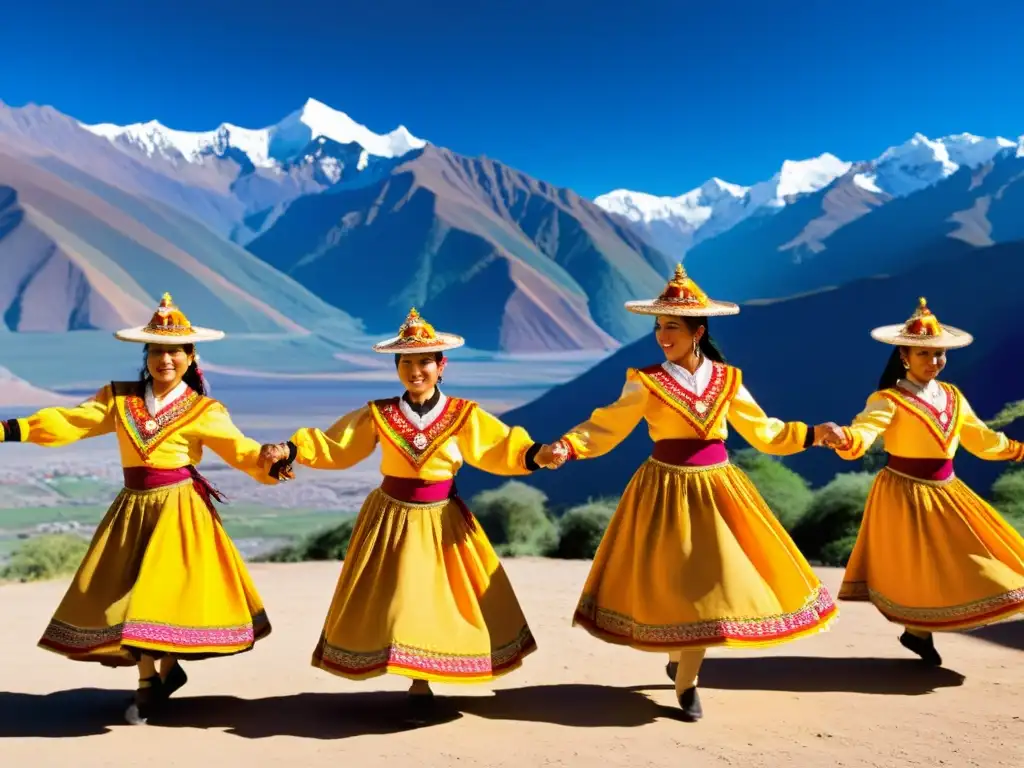 Danzas tradicionales del Festival de Mendoza: Grupo de bailarines con trajes coloridos y movimiento sincronizado en los Andes, bajo el cálido sol