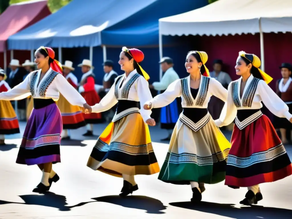 Danzas tradicionales del Festival de Mendoza: Grupo de bailarines con trajes vibrantes y coloridos, expresando la alegría y tradición del evento