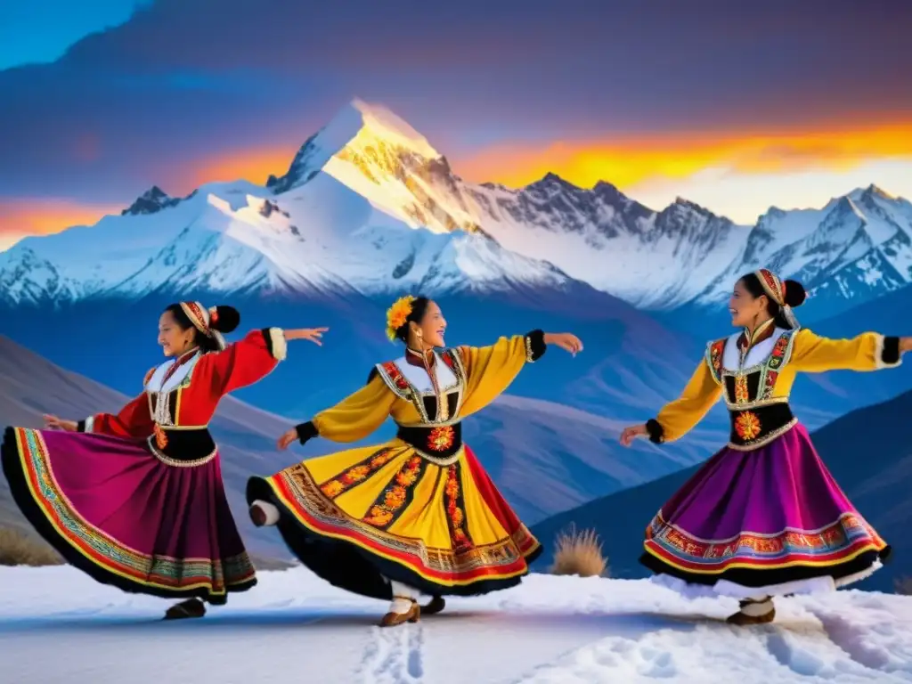 Danzas tradicionales del Festival de Mendoza: Grupo de bailarines folclóricos con coloridos trajes, danzando frente a los Andes al atardecer